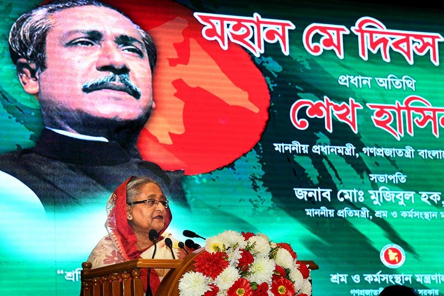 Prime Minister Sheikh Hasina addressing a function marking the May Day 2018 at Bangabandhu International Conference Centre in Dhaka on Tuesday afternoon. -Focus Bangla Photo