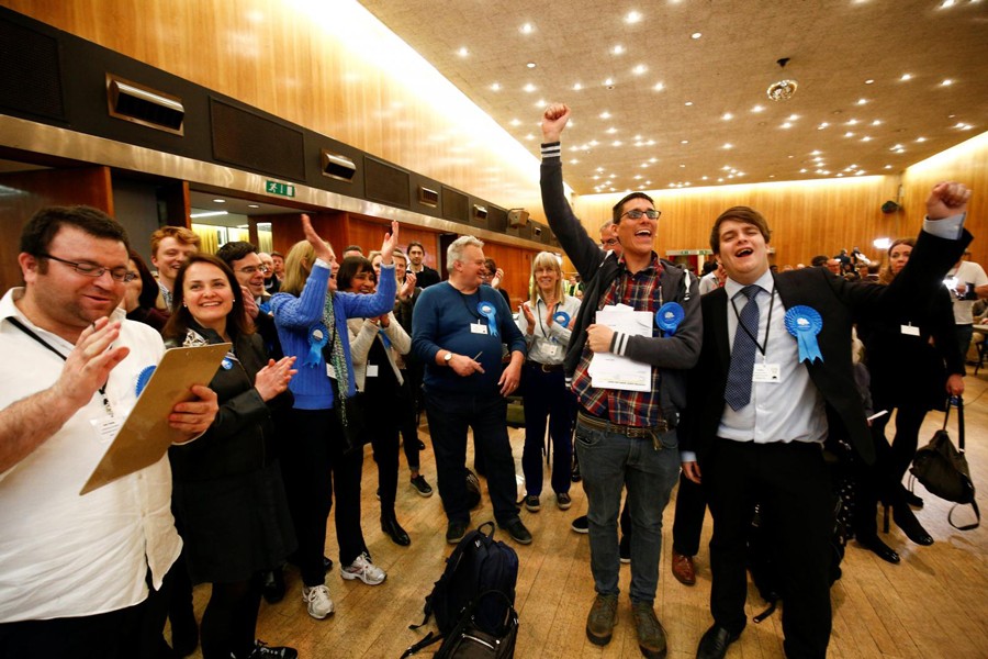 Supporters of the British Conservative Party reacting during the count at Wandsworth Town Hall after local government elections in London on Friday	— Reuters