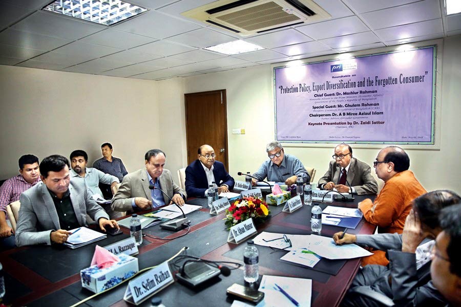 Dr Zaidi Sattar, chairman of Policy Research Institute of Bangladesh (PRI), speaking at a roundtable on "Protection Policy, Export Diversification and the Forgotten Consumer" at its office in the city on Tuesday, with PM’s Economic Adviser Dr Mashiur Rahman present as the chief guest — FE photo