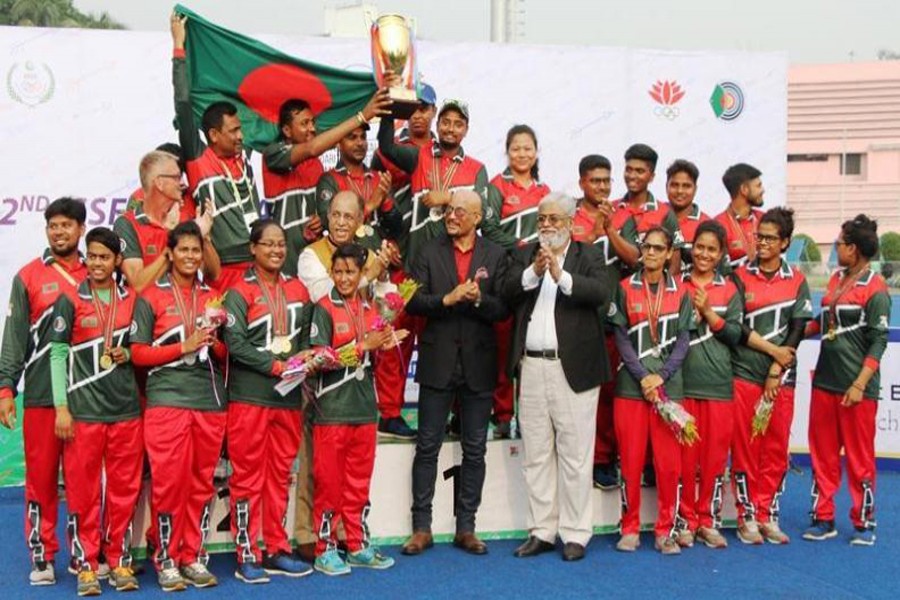 Bangladesh Team after emerging champs in the 2nd ISSF Archery Championship at Maulana Bhashani Stadium on Wednesday	— BAF