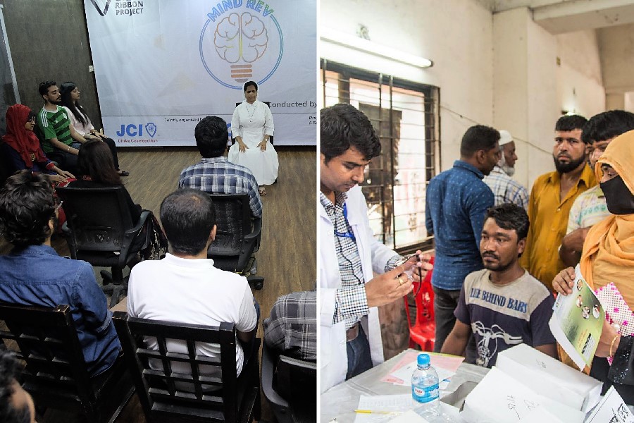 (Left) Sister Gloria conducting meditation session in MindRev workshop under ‘Gray Ribbon Project’ and (right) eyecare professionals assisting the patients during 'Project Visit’