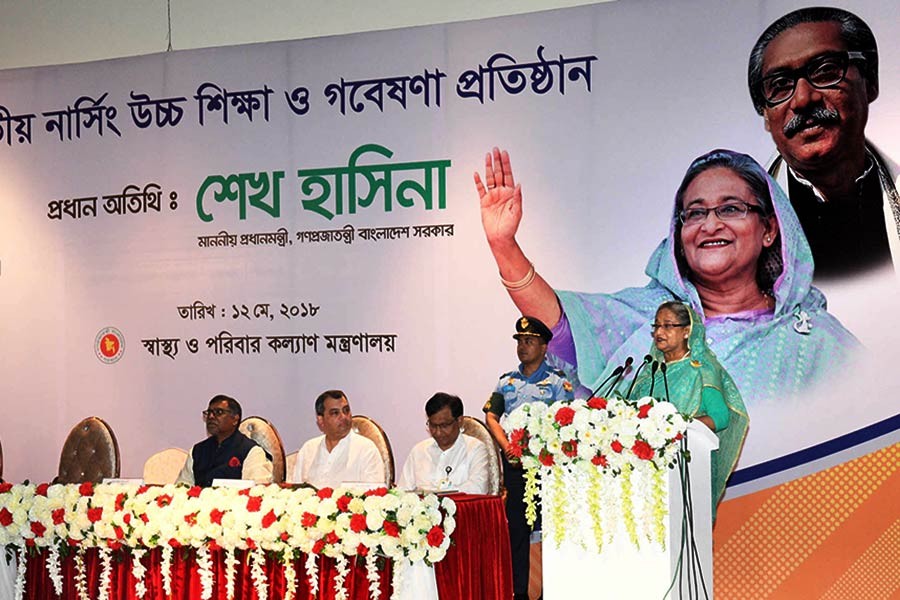 Prime Minister Sheikh Hasina addressing an event marking International Nurse’s Day in Mugda area of Dhaka on Saturday morning. -Focus Bangla Photo