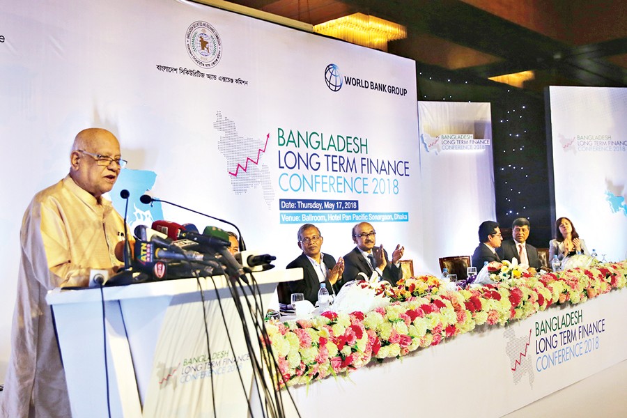 Finance Minister A M A Muhith speaking at Bangladesh Long Term Finance Conference 2018 at a city hotel on Thursday 	—  FE Photo