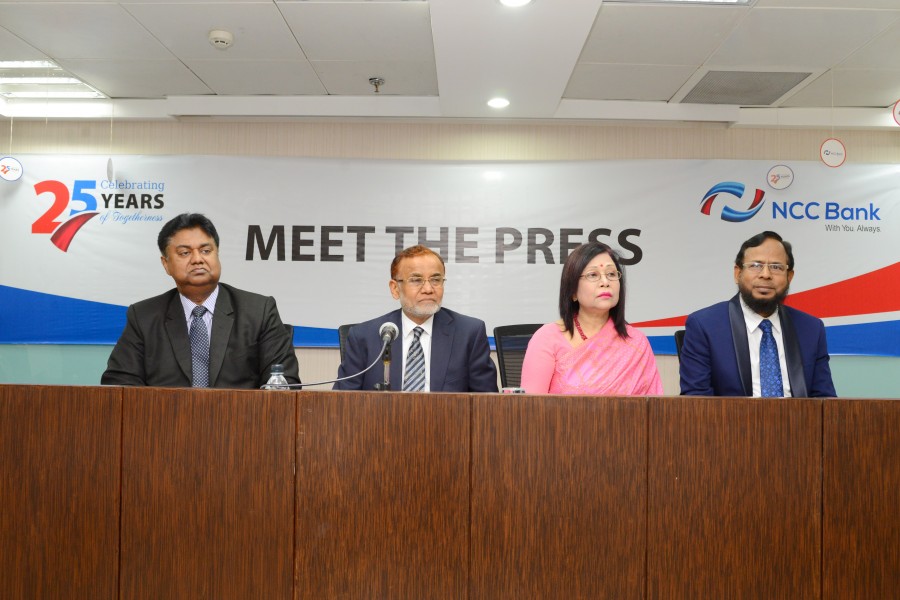 NCC Bank chairman Md. Nurun Newaz Selim (2nd from left), vice-chairman Sohela Hossain, directors Khairul Alam Chaklader and managing director & CEO Mosleh Uddin Ahmed (extreme left) seen in the event held Wednesday to mark the bank’s silver jubilee celebration.