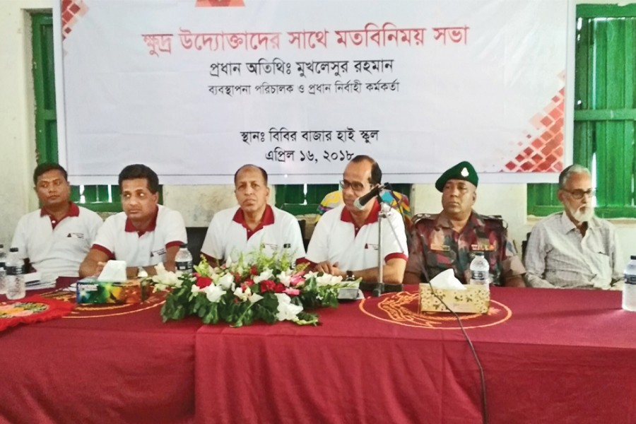 Shimanto Bank's Chief Executive Officer (CEO) and Managing Director Muklesur Rahman attending an exchange of views meeting as the chief guest with peasants, farmers and small entrepreneurs at the bank's Bibir Bazar branch in Cumilla recently