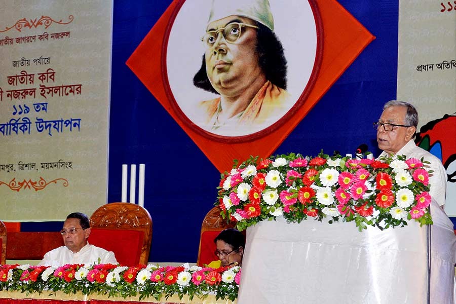 President Abdul Hamid addressing national programme marking the 119th birth anniversary of National Poet Kazi Nazrul Islam at Darirampur Nazrul Mancha in Trishal upazila of Mymensingh. -Focus Bangla Photo