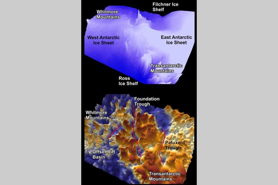 The canyons and mountains are hidden below hundreds of metres of ice