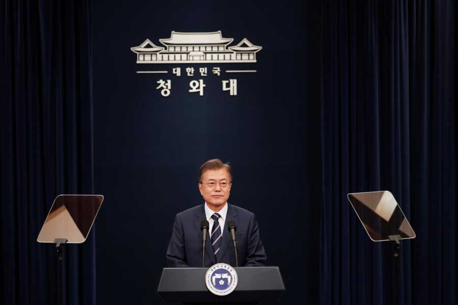 South Korean President Moon Jae-in speaks during a news conference at the Presidential Blue House in Seoul, South Korea, May 27, 2018. Reuters