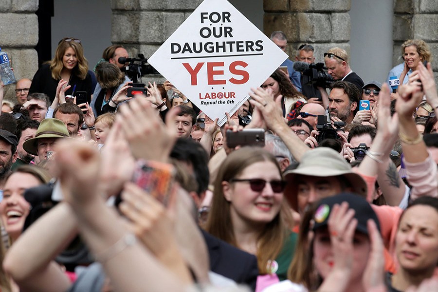 People celebrate the result of referendum on liberalising abortion law, in Dublin, Ireland on Saturday - Reuters photo