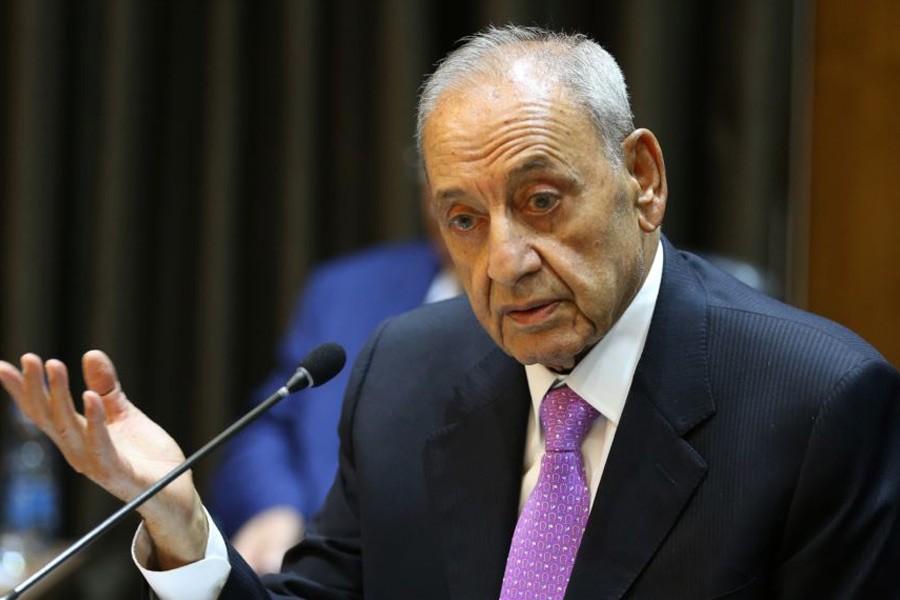 Lebanese Parliament Speaker Nabih Berri is seen speaking during the opening session of the National Dialogue, in the Parliament building, in downtown Beirut, Lebanon, Sept 9, 2015. AP.