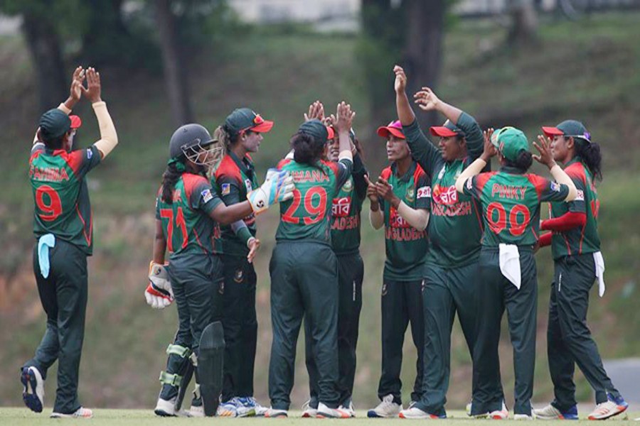 Bangladesh women cricketers celebrating after winning against India in the Women's T20 Asia Cup match at the Kinrara Academy Oval in Kuala Lumpur on Wednesday	— bdnews24.com