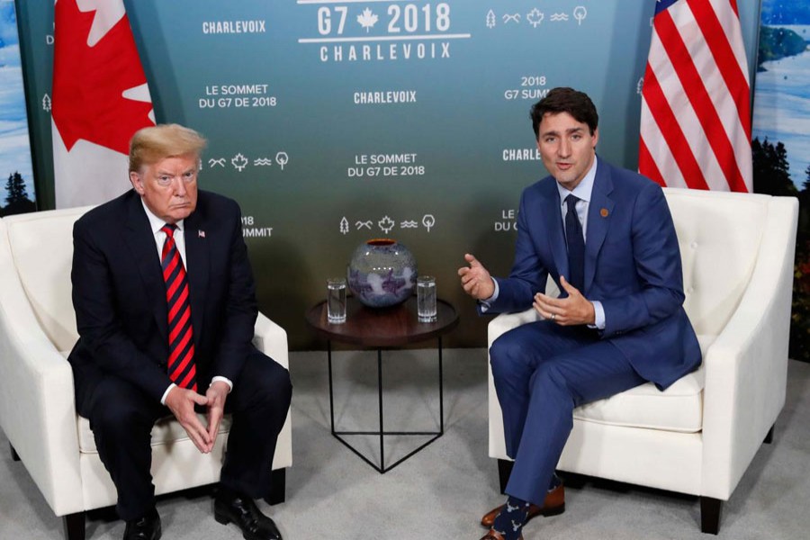 US President Donald Trump meets with Canada’s Prime Minister Justin Trudeau in a bilateral meeting at the G7 Summit in in Charlevoix, Quebec, Canada, June 8, 2018. Reuters