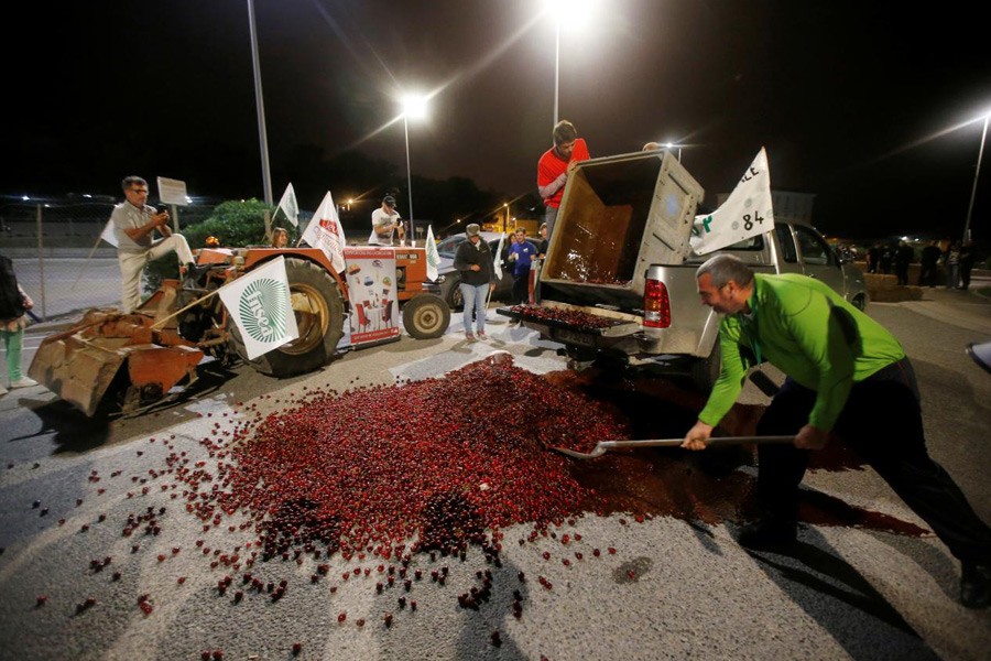 French farmers, members of the FNSEA, the country’s largest farmers’ union, spread cherries on the road as they block the Total biodiesel refinery at La Mede near Fos-sur-Mer, France June 11, 2018. Reuters.