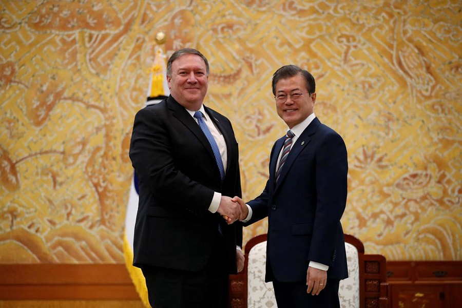 US Secretary of State Mike Pompeo attends a bilateral meeting with South Korea's President Moon Jae-in at the presidential Blue House in Seoul, South Korea on Thursday - Reuters photo