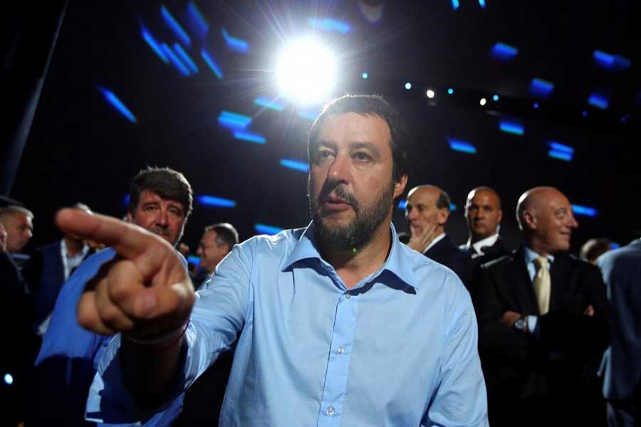 Interior Minister Matteo Salvini gestures as he arrives at the Italian Business Association Confcommercio meeting in Rome, Italy, June 7, 2018. Reuters/Files