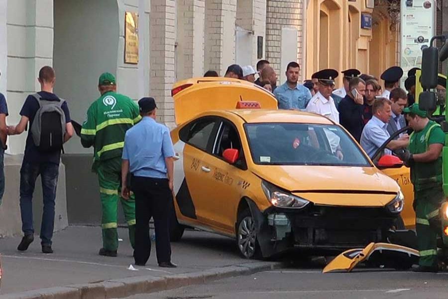 A view shows a damaged taxi, which ran into a crowd of people, in central Moscow, Russia, June 16, 2018. Reuters