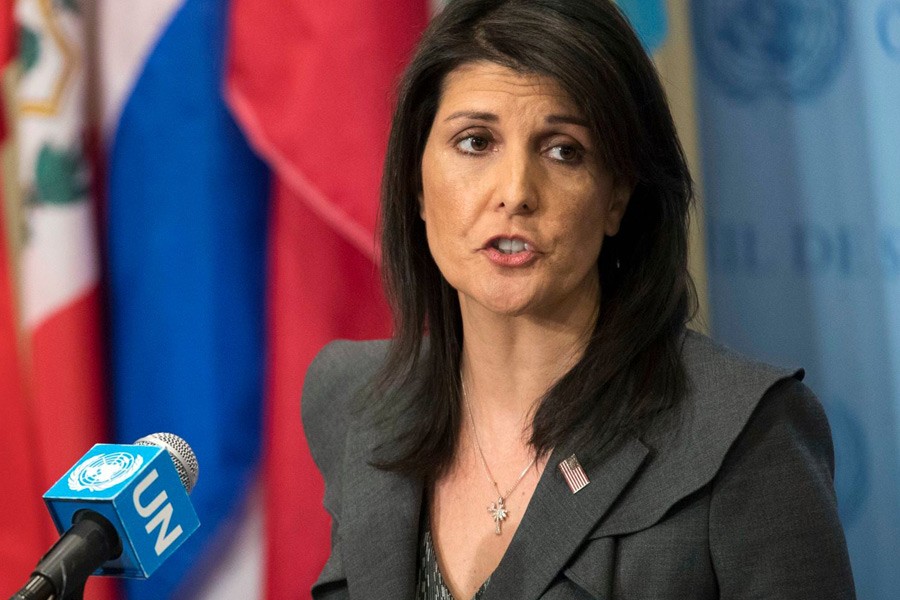 United States Ambassador to the United Nations Nikki Haley speaks to reporters at United Nations headquarters. Haley says the US is withdrawing from UN Human Rights Council, calling it ‘not worthy of its name.’ AP photo.