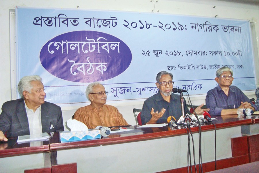 Sujon president M Hafiz Uddin Khan speaking at a discussion on the proposed budget for fiscal year 2018-19 in the city on Monday	— FE Photo