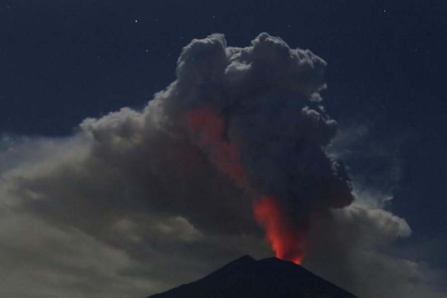Mount Agung volcano erupts during the night, as seen from Datah village, Karangasem Regency in Bali, Indonesia. Reuters
