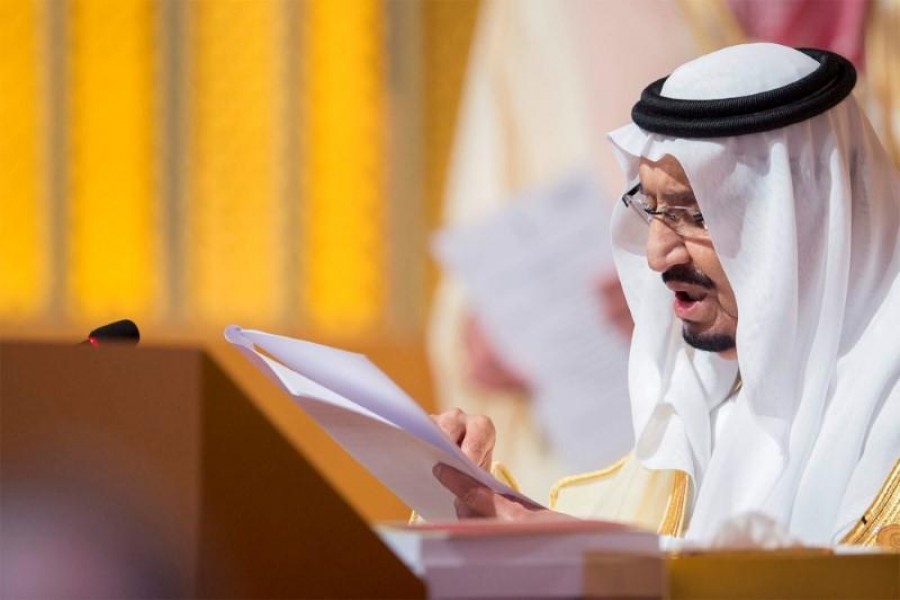 Saudi Arabia's King Salman bin Abdulaziz Al Saud talks during the opening of 29th Arab Summit in Dhahran, Saudi Arabia, April 15, 2018. Bandar Algaloud/Courtesy of Saudi Royal Court/Handout via Reuters