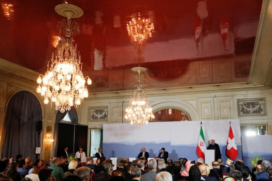 Iranian President Hassan Rouhani addressing the Innovation and Industry Forum during an official visit in Bern, Switzerland on Tuesday 	— REUTERS