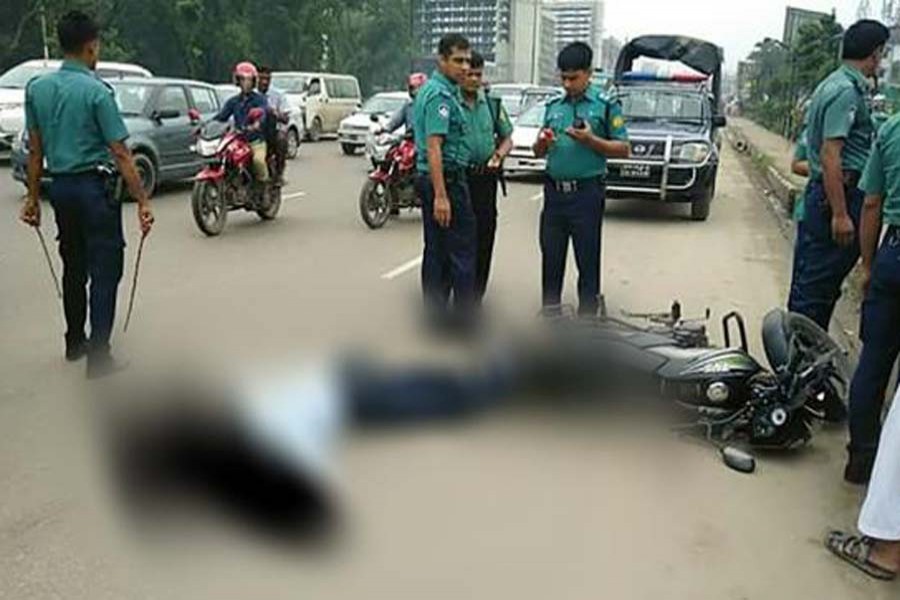 A passenger of Pathao, ride-hailing service, dies and the biker is injured when a double-decker bus hit the bike on Airport Road in Dhaka on Wednesday, July 4. This photo was taken from a Facebook group called Pathao Users Of Bangladesh