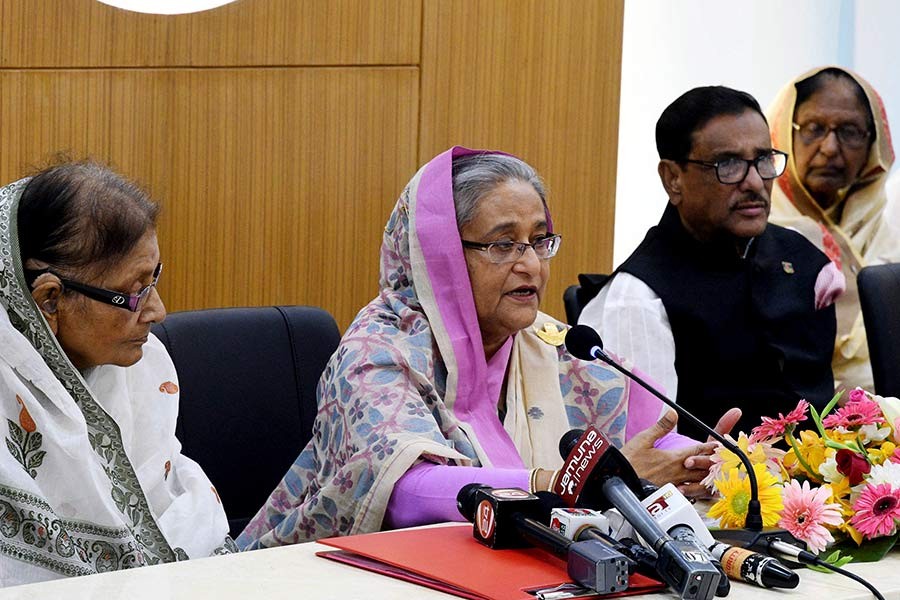 Prime Minister Sheikh Hasina addressing a  meeting at Awami League's central office in Dhaka on Friday. -Focus Bangla Photo