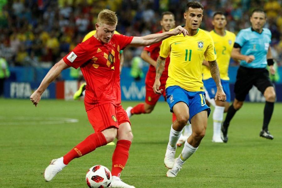 Belgium's Kevin De Bruyne scoring their second goal against Brazil in the FIFA World Cup 2018 quarterfinal in Kazan of Russia on July 6, 2018. -Reuters Photo