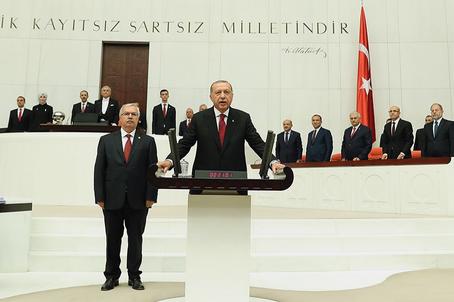 Turkey's President Recep Tayyip Erdogan takes the oath of office for a new presidential term, at Parliament in Ankara, Turkey on Monday - Presidential Palace handout via Reuters