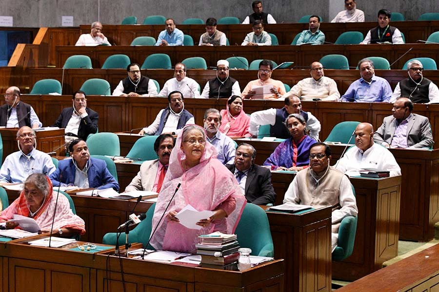 Prime Minister Sheikh Hasina delivering her speech on Thursday on the last day of the 21st (budget) session of the current parliament. -Focus Bangla Photo