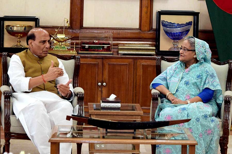 Indian Home Affairs Minister Rajnath Singh paying a courtesy call on Prime Minister Sheikh Hasina at Ganabhaban on Saturday. -Focus Bangla Photo