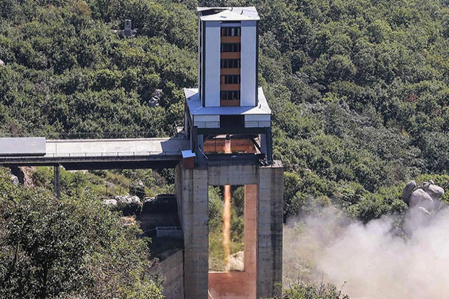 A demonstration of a rocket engine for the geo-stationary satellite at the Sohae Space Center in this undated photo released by North Korea's Korean Central News Agency (KCNA) in Pyongyang September 20, 2016 — KCNA photo via Reuters