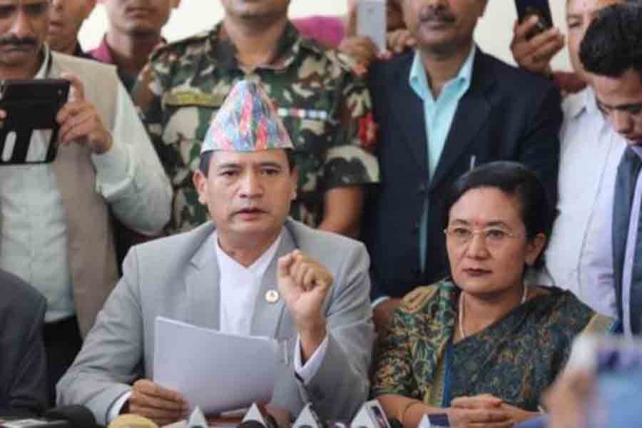 Nepal’s Law Minister Sher Bahadur Tamang declares his decision to quit at a press conference in Kathmandu. Photo courtesy: Kathmandu Post