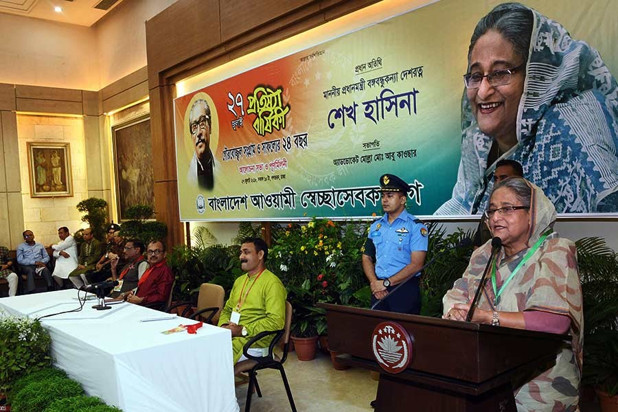 Prime Minister Sheikh Hasina addressing a function marking founding anniversary of Swehhasebak League at Ganabhaban on Friday. -Focus Bangla Photo