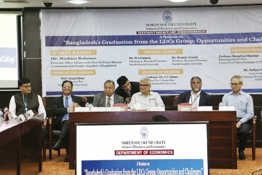 (From left to right) Sudipto Mukherjee, Prof Mustafizur Rahman, MA Hashem, Dr Mashiur Rahman, Prof Atiqul Islam and Dr Zahid Hussain participating in the seminar arranged by the Department of Economics, NSU