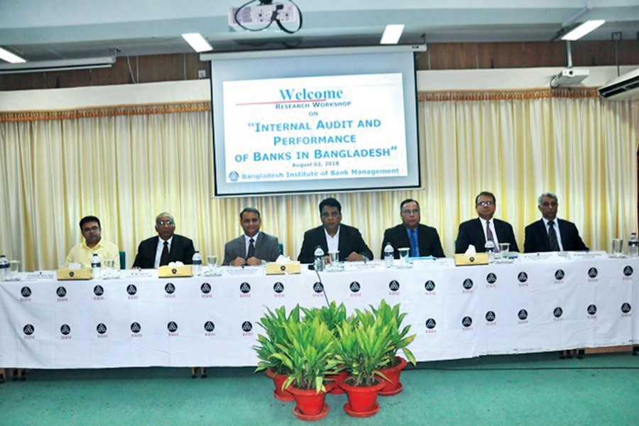 Deputy governor of Bangladesh Bank Abu Hena Mohd. Razee Hassan, Director General of BIBM Dr Toufic Ahmed Chowdhury and other guests seen at a research workshop on 'Internal Audit and Performance of Banks in Bangladesh' in the city on Thursday