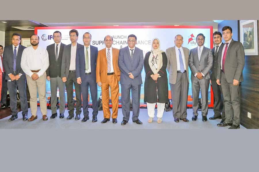 Managing Director and CEO of City Bank Sohail R. K. Hussain, senior executives of the bank and business leaders of the country posing for a photograph at a ceremony in the capital on Sunday while launching the company's fully digital 'Supply Chain Finance and Distributor Finance Facility'