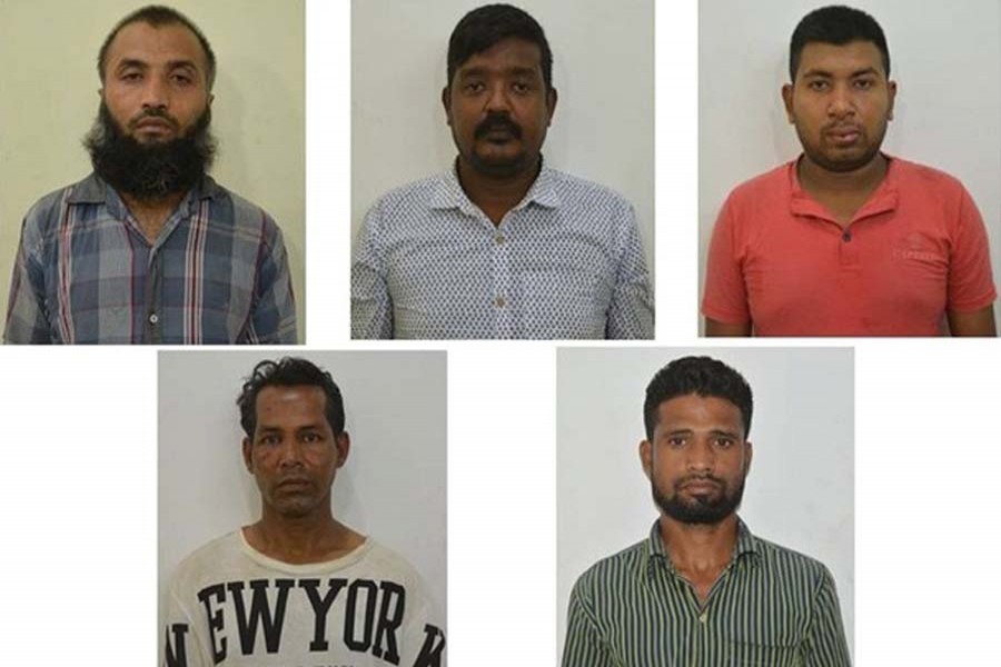 Clockwise from top left: Masum Billah (previously arrested), Sohagh Ali, Md Zubayer, Ripon Hossain, and Enayet Hossain