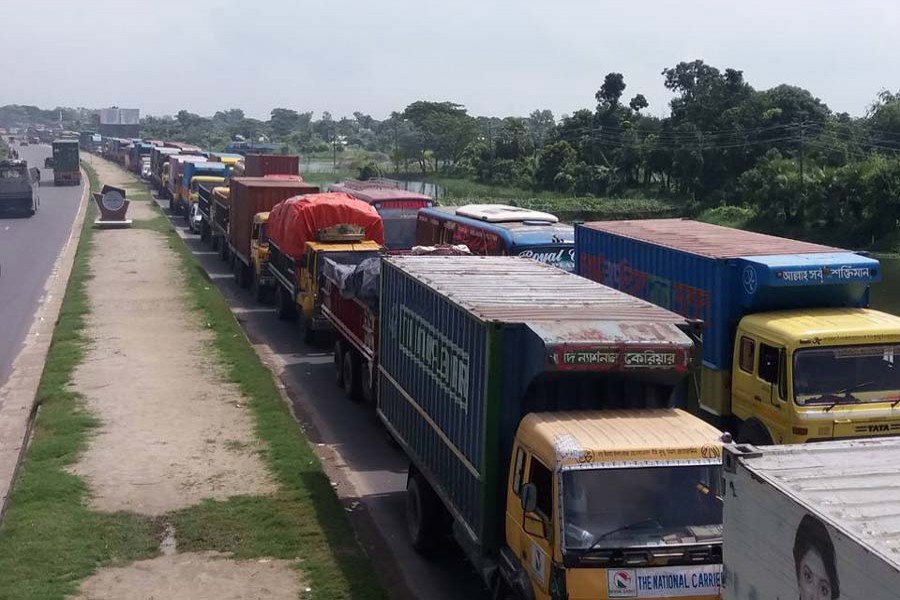 A 13-km-long traffic gridlock forms over Dhaka-Chattogram highway