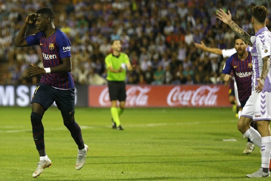 Ousmane Dembele celebrates scoring the winning goal at Valladolid on Saturday — AP photo