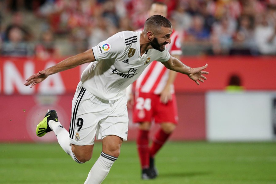 Real Madrid's Karim Benzema celebrates scoring their fourth goal against Girona in Sunday's clash — Reuters photo