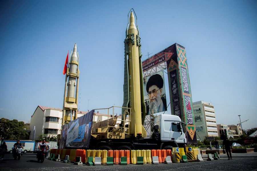 A file photo showing a display featuring missiles and a portrait of Iran's Supreme Leader Ayatollah Ali Khamenei at Baharestan Square in Tehran, Iran recently	— Reuters