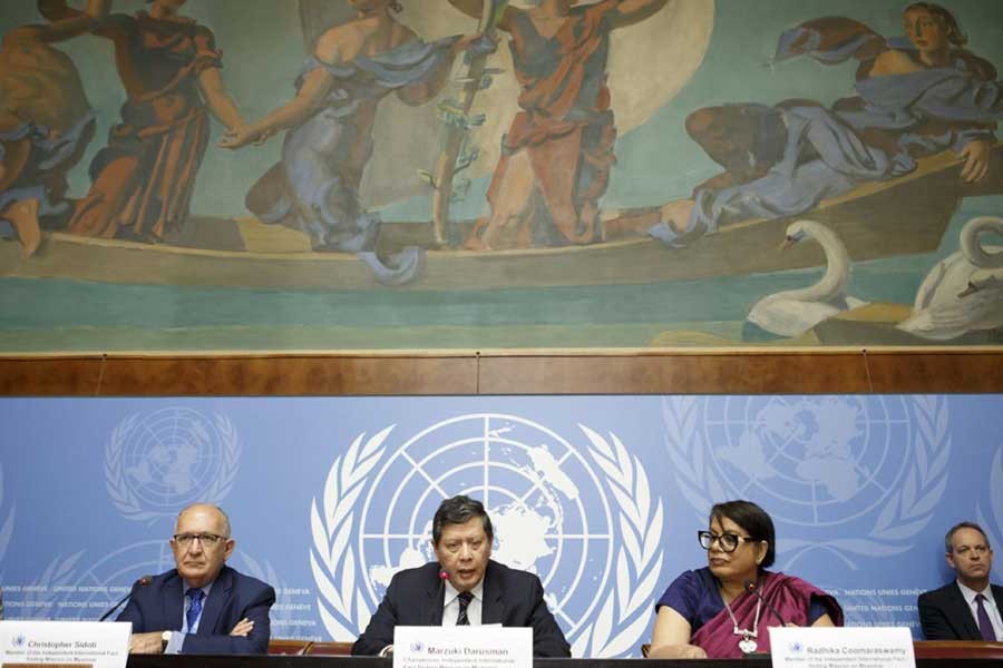 Marzuki Oarusman, center, chairperson of the Independent International Fact-finding Mission on Myanmar, sits next to Christopher Sidoti, left, member of the Independent International Fact-finding Mission on Myanmar, and Radhika Coomaraswamy, right, member of the Independent International Fact-finding Mission on Myanmar, as they inform the media on the publication of a final written report on Myanmar, during a press conference, at the European headquarters of the United Nations in Geneva, Switzerland on August 27, 2018.             Photo: AP   