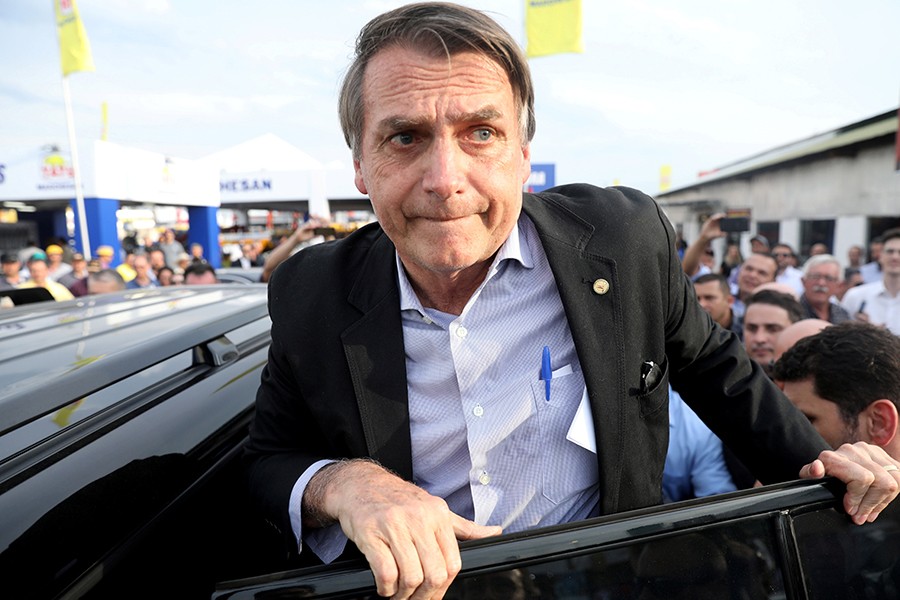 Brazil's presidential candidate Jair Bolsonaro leaves an agribusiness fair in Esteio, Rio Grande do Sul state, Brazil on August 29 last — Reuters/File