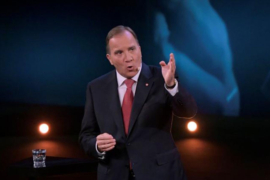 Stefan Lofven, leader of the Social Democratic Party during a party leader duel with Ulf Kristersson, leader of the Moderate Party, broadcast by Sweden's tv-channel TV4 from Linkoping, Sweden September 8, 2018 - TT News Agency/Anders Wiklund/via Reuters
