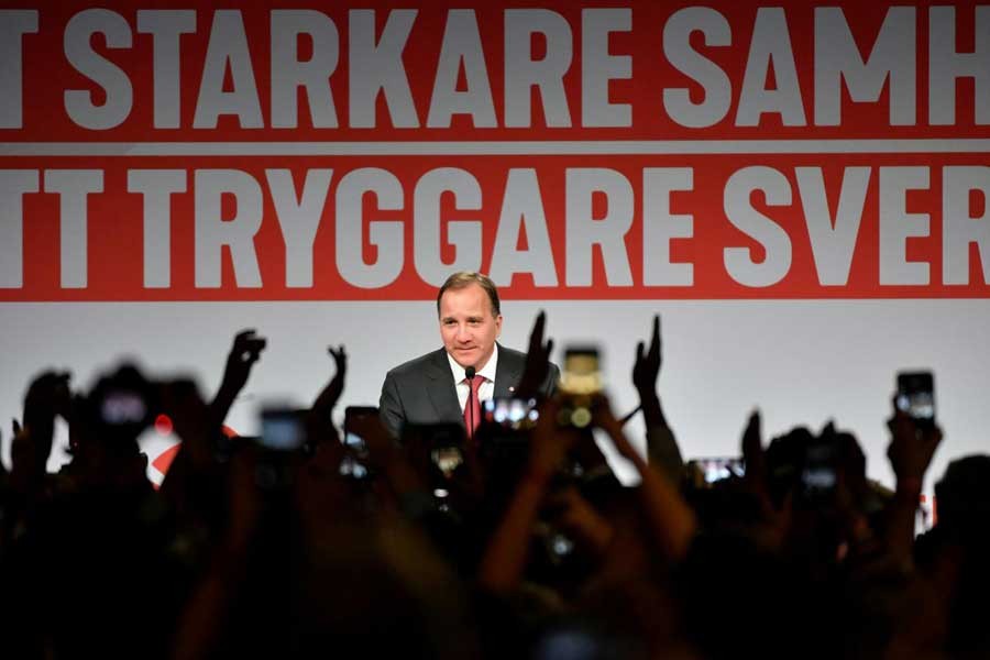 Sweden's Prime Minister and leader of the Social democrat party Stefan Lofven speaks at an election party at the Fargfabriken art hall in Stockholm, Sweden, September 9, 2018. TT News Agency/via Reuters