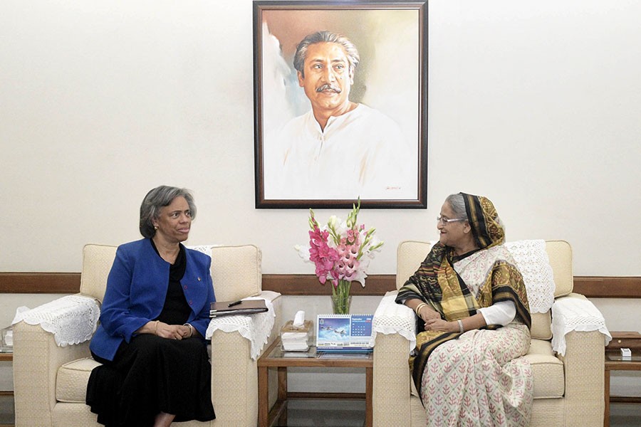 US Ambassador in Dhaka Marcia Bernicat making a courtesy call on Prime Minister Sheikh Hasina on Tuesday at Ganabhaban in Dhaka. -Focus Bangla Photo