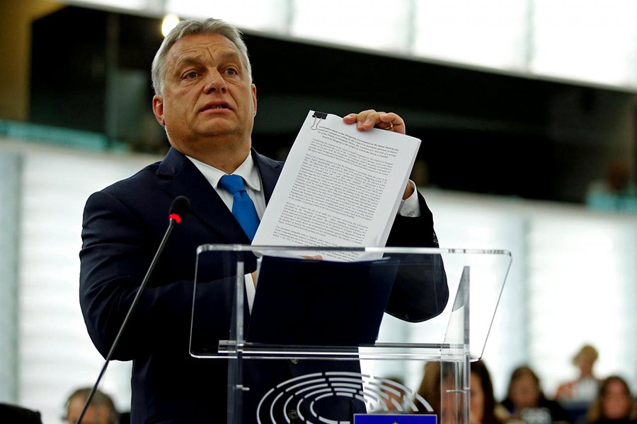 Hungarian Prime Minister Viktor Orban addressing European Parliament during a debate on the situation in Hungary at the European Parliament in Strasbourg of France on Tuesday. -Reuters Photo
