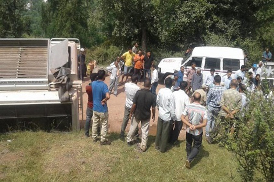 Reports said that the minibus (registration number JK17 0662) skidded off the road and rolled down into Chenab river at Thakrie in Kishtwar district. Photo: Collected