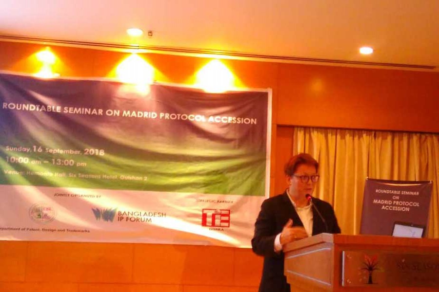 Debbie Roenning addressing a roundtable on ‘Madrid Protocol Accession’ at a city hotel on Sunday                    –UNB photo